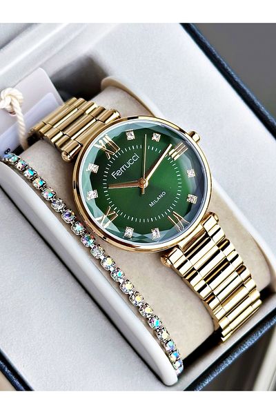 Ferrucci Gold Color Roman Numeral Simple Model Steel Band Women's Wrist Watch + Bracelet