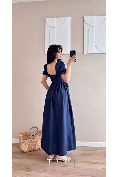 LOCH BUTİK Rochie midi cu corset cu decolteu în U, cu talie albastru bleumarin pentru femei