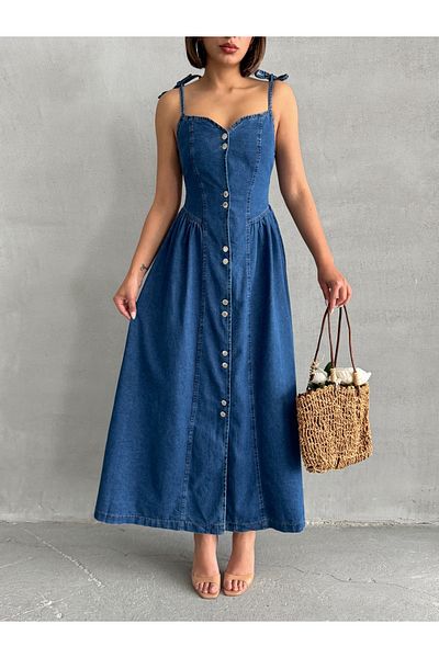 Miss Prova Rochie de denim bleumarin cu detaliu de legare cu dublu nasturi și bretele MISSEL927