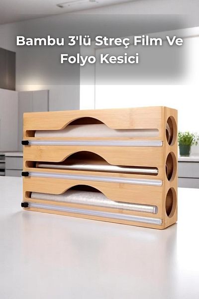 Sevinse Home Bamboo 3-Piece Stretch Film and Foil Cutter, Organizer, Stretch Foil Box