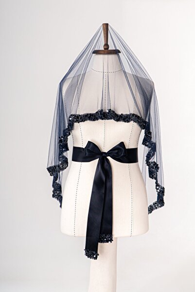 Dantelux Pul Kenarlı Gelin Duvağı Seti (Kına Örtüsü + Gelin Kuşağı + Kına Eldiveni) Lacivert