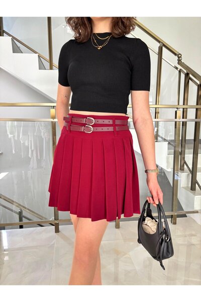 Sude Kızanlıklı Fusta plisata cu centura dubla