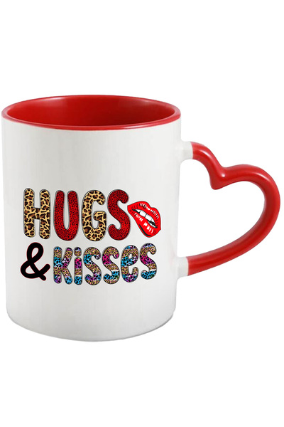 StoryGift Romania Cana cu mesajul "Hugs & Kisses", buze rosii, litere de diverse culori, Valentine, Cu Maner Inim STG