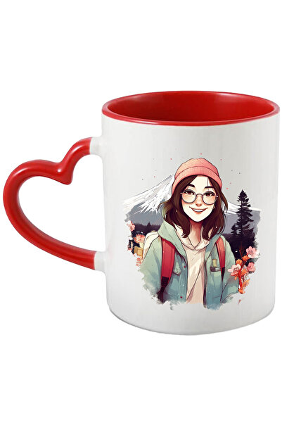 StoryGift Romania Cana cu o fata vesela care se afla in drumetie, calatorie, ilustratie, natura, f, Cu Maner Inim