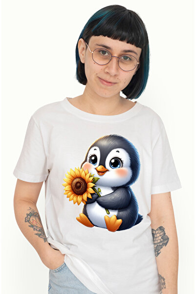 StoryGift Romania Tricou Femei Cu Un Pinguin Vesel Care Tine O Floare, Ilustr...