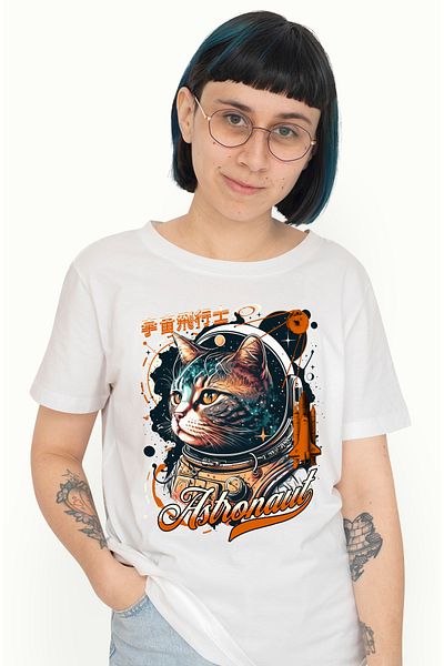 StoryGift Romania Tricou Femei Pisica Astronaut In Spatiu, Cu Imprimeu Pe Fata, 100% Bumbac, Alb, Wht_l