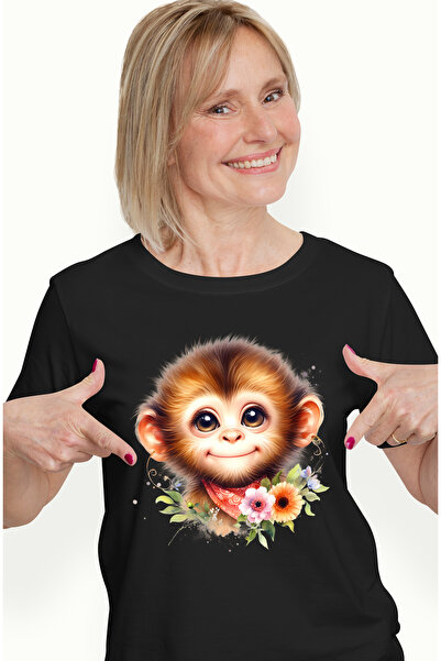 StoryGift Romania Tricou Femei Cu O Maimutica Vesela, Ilustratie, Flori, Plan...