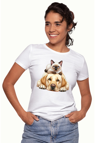 StoryGift Romania Tricou Femei Cu O Pisicuta Si Un Catelus, Ilustratie, Priet...