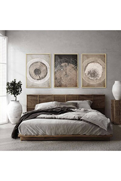 KOLAJTASARIM Siyah-Beyaz Ağaç Halkaları Motifli Gold Metal Çerçeveli Cam Tabl...