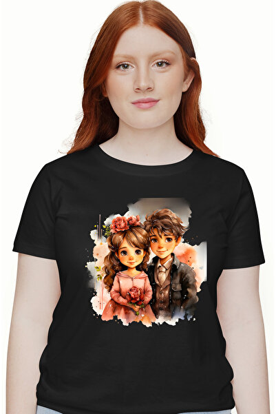 StoryGift Romania Tricou Femei Cu O Fetita Si Un Baietel, Flori, Rochie, Clas...