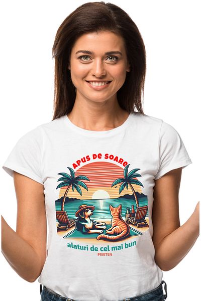 StoryGift Romania Tricou Femei Caine Si Pisica Pe Plaja Cel Mai Bun Prieten Apus De Soare Cu Impri Wht_m