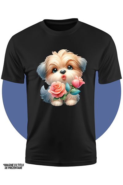 StoryGift Romania Tricou Copii Cu Un Catel Blanos Care Da Un Pupic, Ilustratie, Flori, Plante, Apreciere, Re