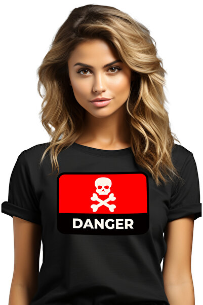 StoryGift Romania Tricou Femei Cu Mesaj In Engleza Danger, Oase, Craniu, Peri...