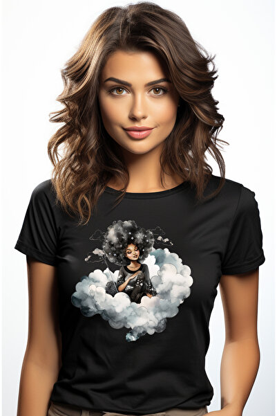 StoryGift Romania Tricou Femei Cu O Fata Afro, Ilustratie, Norisori, Somnoroasa, Stelute In Par, O Blk_s