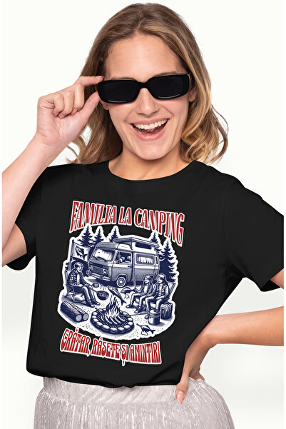 StoryGift Romania Tricou Femei Familia La Camping Gratar, Rasete Si Amintiri Cu Imprimeu Pe Fata, Blk_l