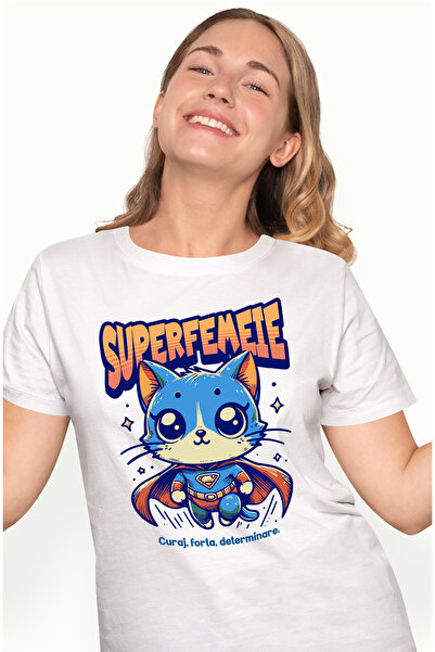 StoryGift Romania Tricou Femei Super Femeie, Supererou, Pisica Zburand, Cu Imprimeu Pe Fata, 100% Wht_l