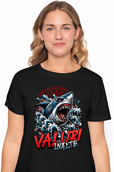StoryGift Romania Tricou Femei Valuri Inalte Rechin Vointa Ma Duce Peste Motivational Cu Imprimeu Blk_l