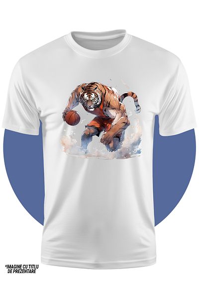 StoryGift Romania Kids T-shirt with a tiger playing basketball, illustration, sport, competition, match, basket, min