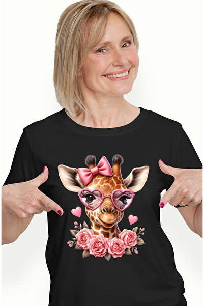 StoryGift Romania Tricou Femei Cu O Girafa Timida, Trandafiri, Inimioare, Fun...