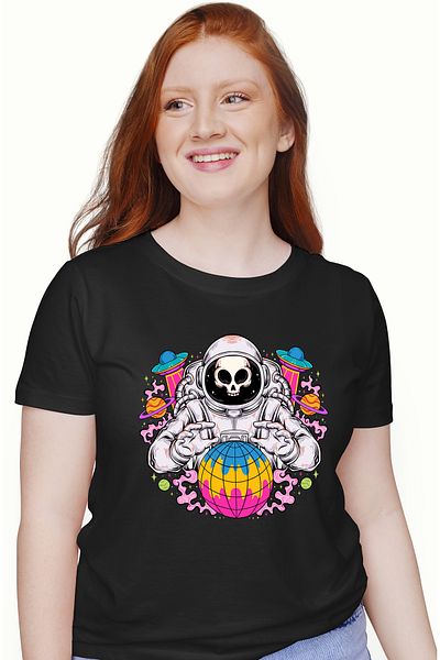 StoryGift Romania Tricou Femei Cu Astronaut, Spatiu, Craniu, Nava, Multicolor Cu Imprimeu Pe Fata Blk_l