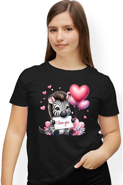 StoryGift Romania Women's T-shirt with a zebra with the message "I love you", illustration, balloons, hearts, falling BLK_L,STG59810
