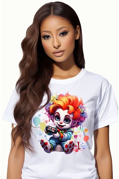 StoryGift Romania Women's T-shirt with a clown boy, illustration, color spots, holding a control WHT_L,STG
