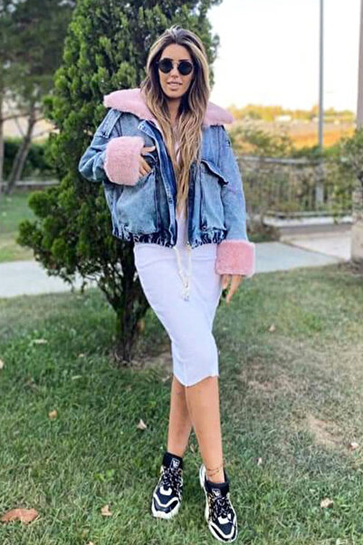 FashionForYou Geaca de blugi albastru Andra, cu blanita roz