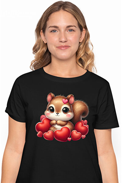 StoryGift Romania Tricou Femei Cu O Veverita Vesela, Ilustratie, Multe Inimio...