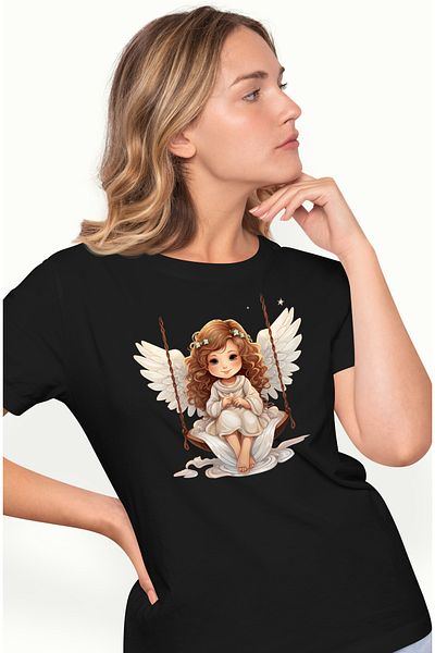 StoryGift Romania Tricou Femei Cu O Fetita Cu Aripi De Ingeras Care Se Da In Leagan, Ilustratie, J Blk_l