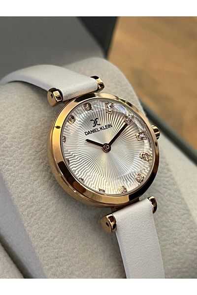 Daniel Klein New Model White Leather Cord Rose Case Women Wrist Watch