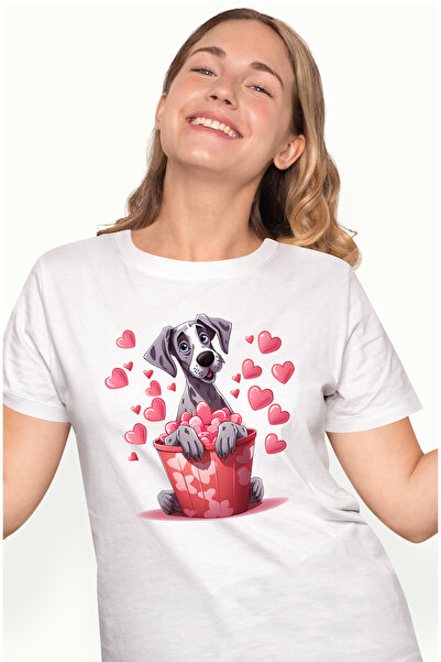 StoryGift Romania Tricou Femei Cu Un Caine Care Sta Intr-un Ghiveci, O Multime De Inimioare, Gest, Wht_m