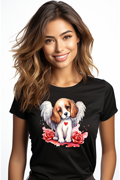 StoryGift Romania Tricou Femei Cu Un Catel Timid, Aripi, Ilustratie, Trandafiri, Inima, Apreciere, Blk_l