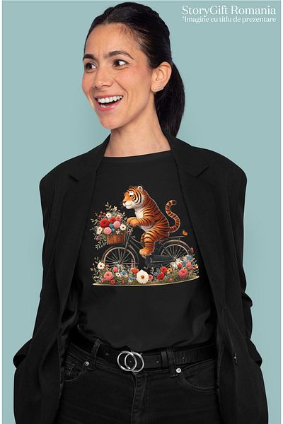 StoryGift Romania Women's T-shirt with a tiger riding a bike, illustration, walking, basket BLK_L