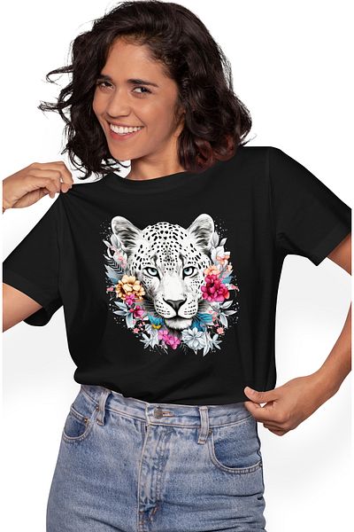 StoryGift Romania Women's T-shirt with a white tiger, illustration, abstract, endangered, flowers BLK_L,STG