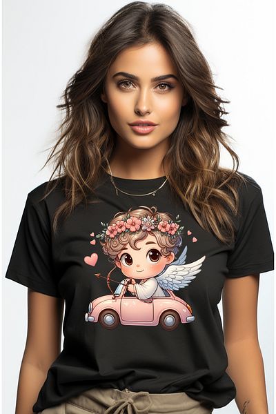 StoryGift Romania Tricou Femei Cu Un Bebelus Cupidon Care Se Plimba Cu Masina, Ilustratie, Trage C Blk_l