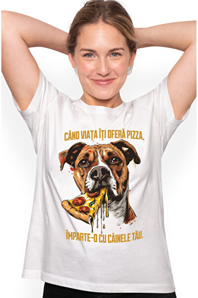 StoryGift Romania Tricou Femei Caine Cu Felie De Pizza, Text Cand Viata Iti D...
