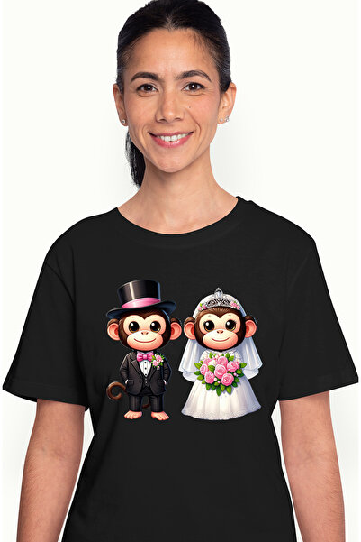 StoryGift Romania Tricou Femei Cu 2 Maimute La Nunta, Ilustratie, Rochie De M...