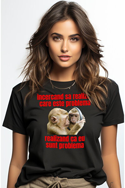 StoryGift Romania Tricou Femei maimuta haioasa uitandu-se in oglinda, eu sunt problema cu imprimeu BLK_L