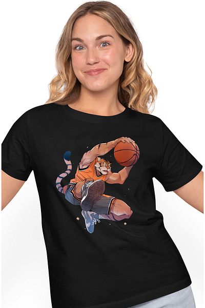 StoryGift Romania Women's T-shirt with a tiger playing basketball, illustration, sport, passion, match, t BLK_M,STG