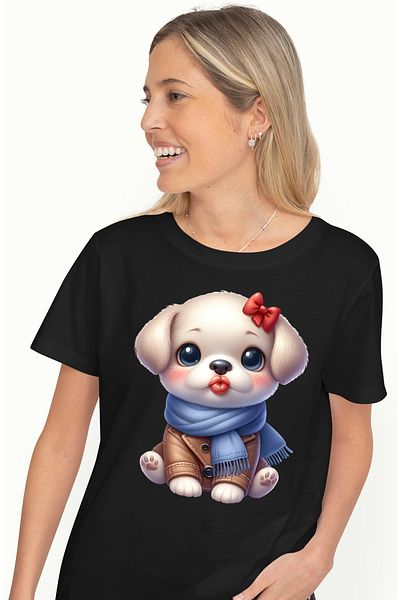 StoryGift Romania Tricou Femei Cu Un Catelus Care Da Un Pupic, Ilustratie, Fular, Imbracat Gros, F Blk_l