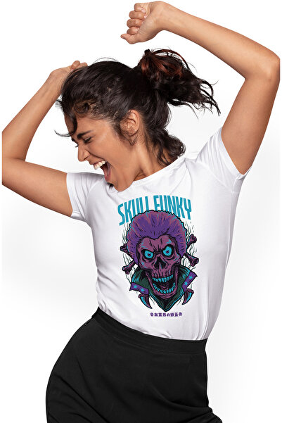 StoryGift Romania Tricou Femei Cu Portret Schelete Craniu Om Mov Cu Par Stil Elvis Presley, Tinuta Wht_l