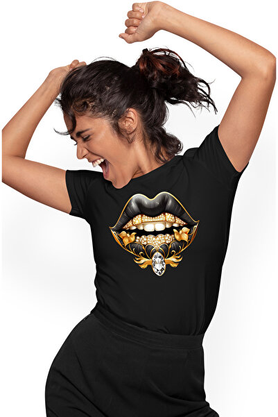 StoryGift Romania Tricou Femei Cu Niste Buze Negre, Dinti Albi, Pietre Pretio...