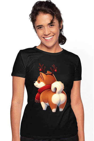 StoryGift Romania Tricou Femei Cu Un Catel Akita Inu Care Are Coarne De Ren, Ilustratie, Animal De Blk_m