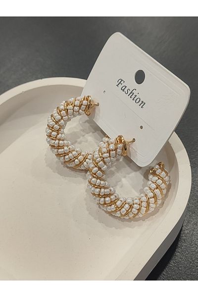 Bijutek Bijouterie Gold Color Stone - Beaded and Pearl Patterned Metal Women's Earrings