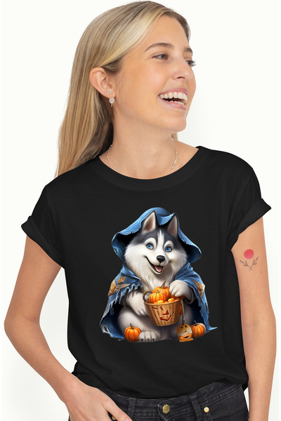 StoryGift Romania Tricou Femei Cu Un Caine Husky, Ilustratie, Halloween, Dovl...