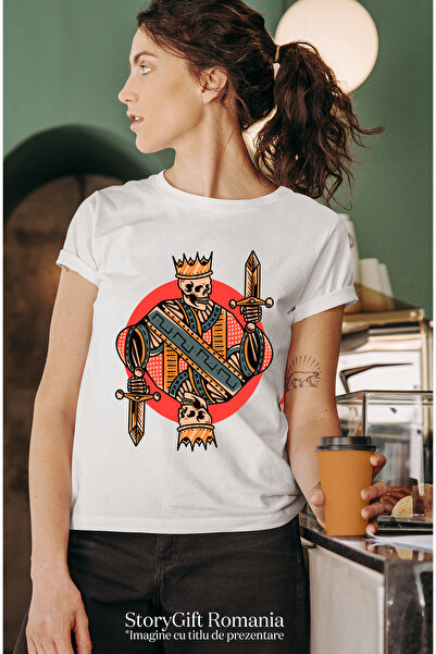 StoryGift Romania Tricou Femei Cu Schelet, Rege, Sabie, Coroana, Carte De Joc, Multicolor cu impr WHT_L