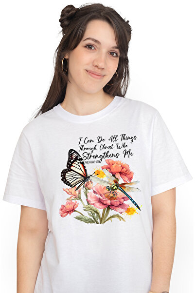 StoryGift Romania Tricou Femei Cu Un Fluture Si Cu O Libelula Cu Mesajul "i Can Do All Things Thro Wht_l