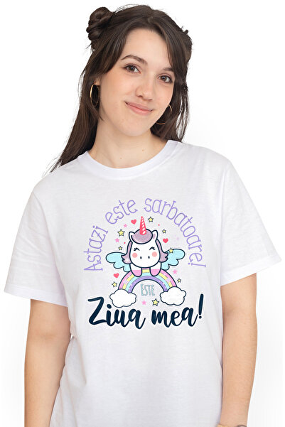 StoryGift Romania Tricou Femei Unicorn Curcubeu Nori Text Haios Astazi Este S...