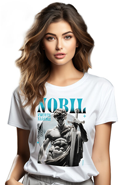 StoryGift Romania Tricou Femei Bust De Statuie Greceasca Cu Sabie Nobil Virtute Cu Imprimeu Pe Fat Wht_l