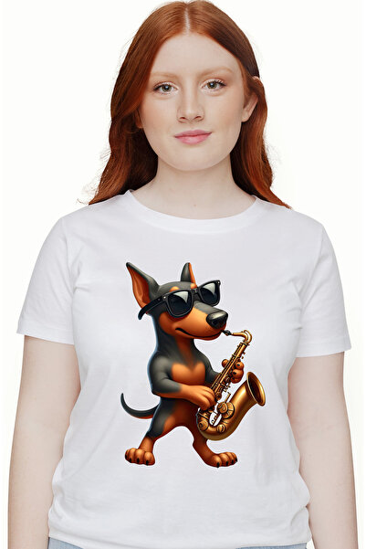 StoryGift Romania Tricou Femei Cu Un Caine Cu Ochelari Care Canta La Saxofon, Ilustratie, Negru Si Wht_m